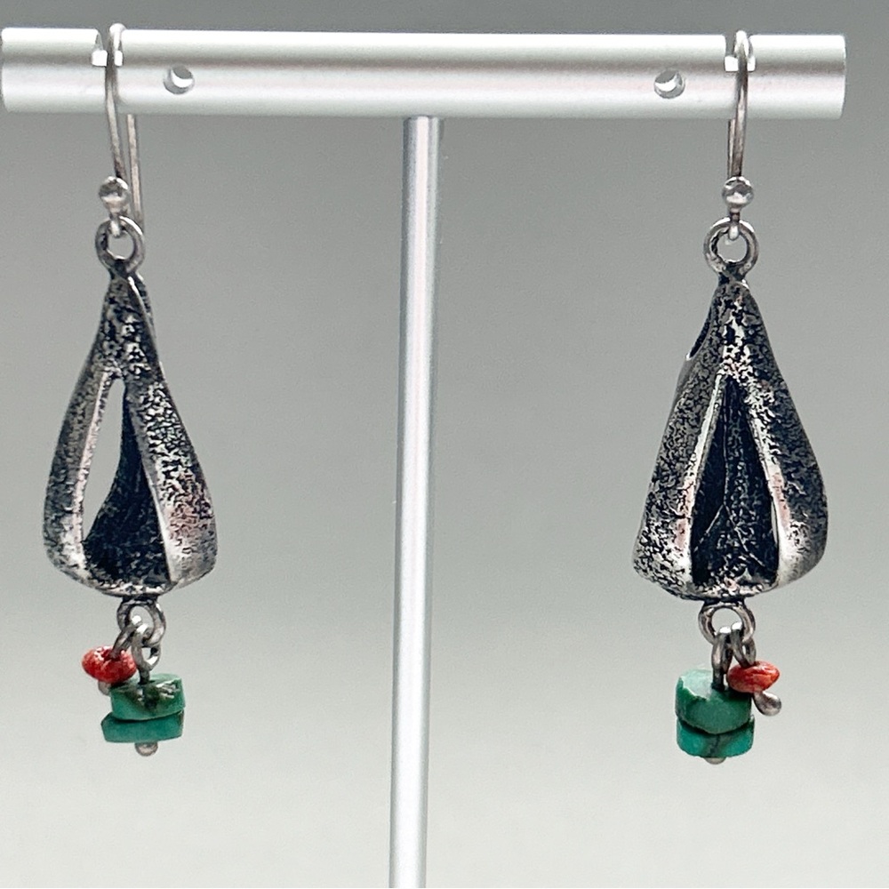 Vintage Brutalist Turquoise Coral Sterling Silver Earrings